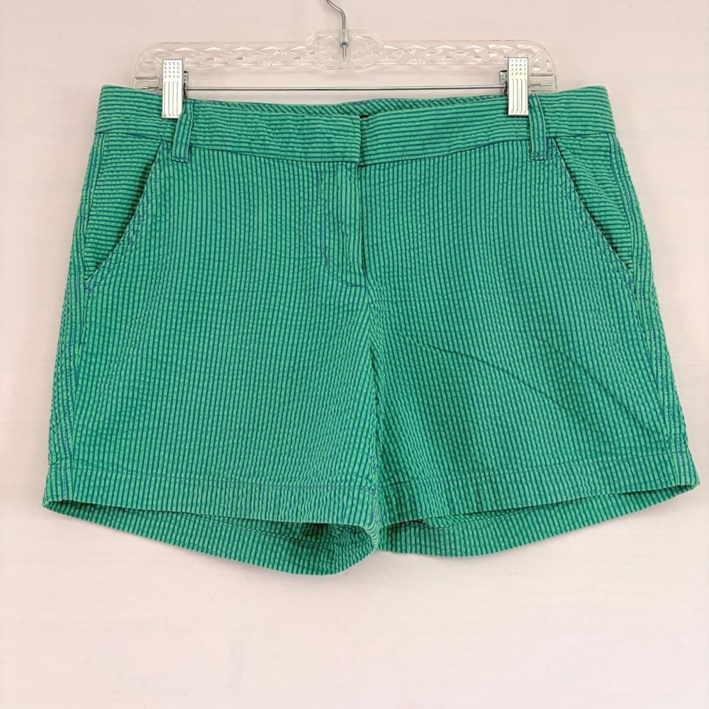 J.Crew Womens Seersucker Striped Shorts Green Blue Size 10 Preppy Summer Casual